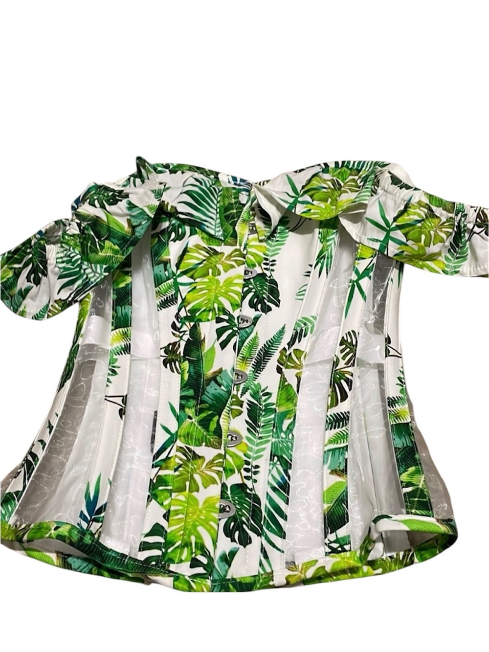 NWOT! Corset Story Tropical Off-Shoulder Crop Top in Green Leaf Print Size UK6